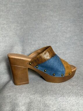 COMFORT Y2K Style Faux Snakeskin & Suede with Denim Patchwork Platform Mules